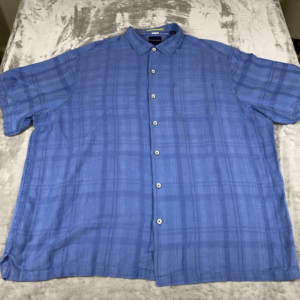 Tommy Bahama Mens 2XB Blue Checked Button Up Shirt Linen Blend Short Sleeve